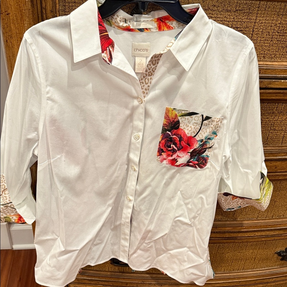 Chico's White Button Down with Floral Accents